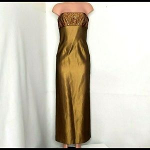 Kay Unger Strapless Formal Long Dress Bronze 100% Silk Tiny Red Beading